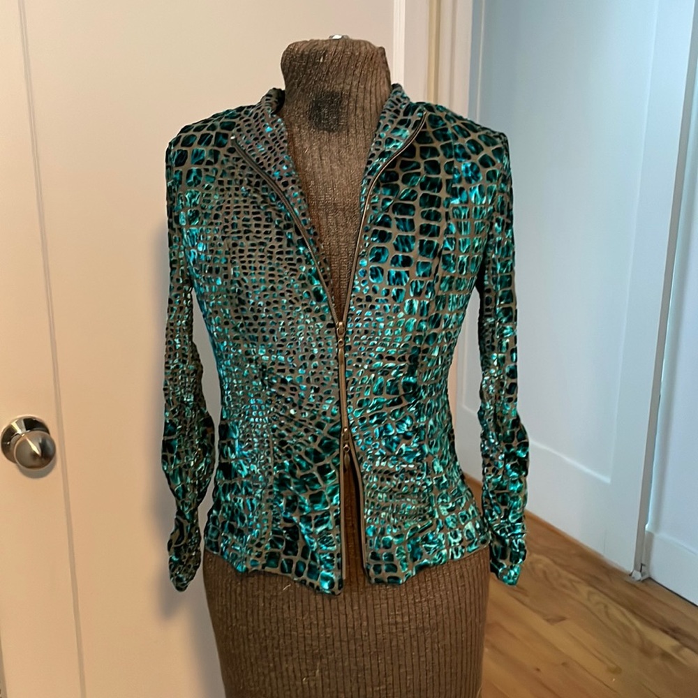 Joseph Ribkoff Burnout Velvet Reptile Jacket Teal - beautiful